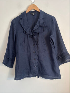 PULI Navy Ruffle Button-Front 100% Ramie Tie Back Blouse Womens Size 8 Career